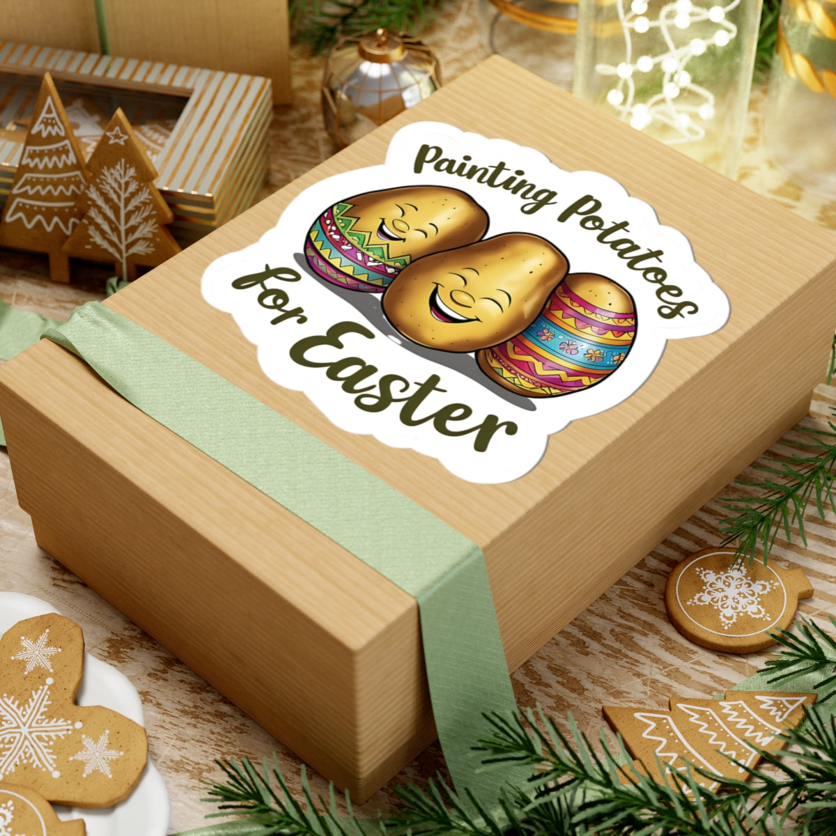 Painting Potatoes For Easter Sticker, Funny Easter Humor Vinyl Kiss Cut Decal, Cute Easter Basket Pun Art Sticker for Laptop Planner Mug Gift