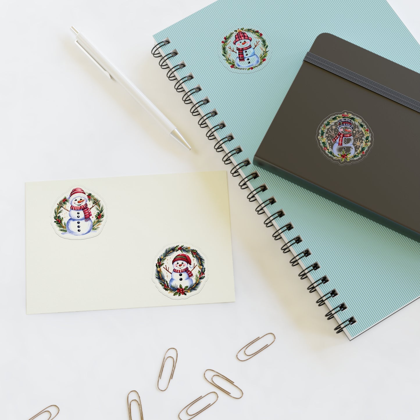 Four Snowman Sticker Set, Winter Holiday Decals, Christmas Snowmen Vinyl Stickers, Wreath Art For Laptop, Planner, Scrapbook, Mug,Journal