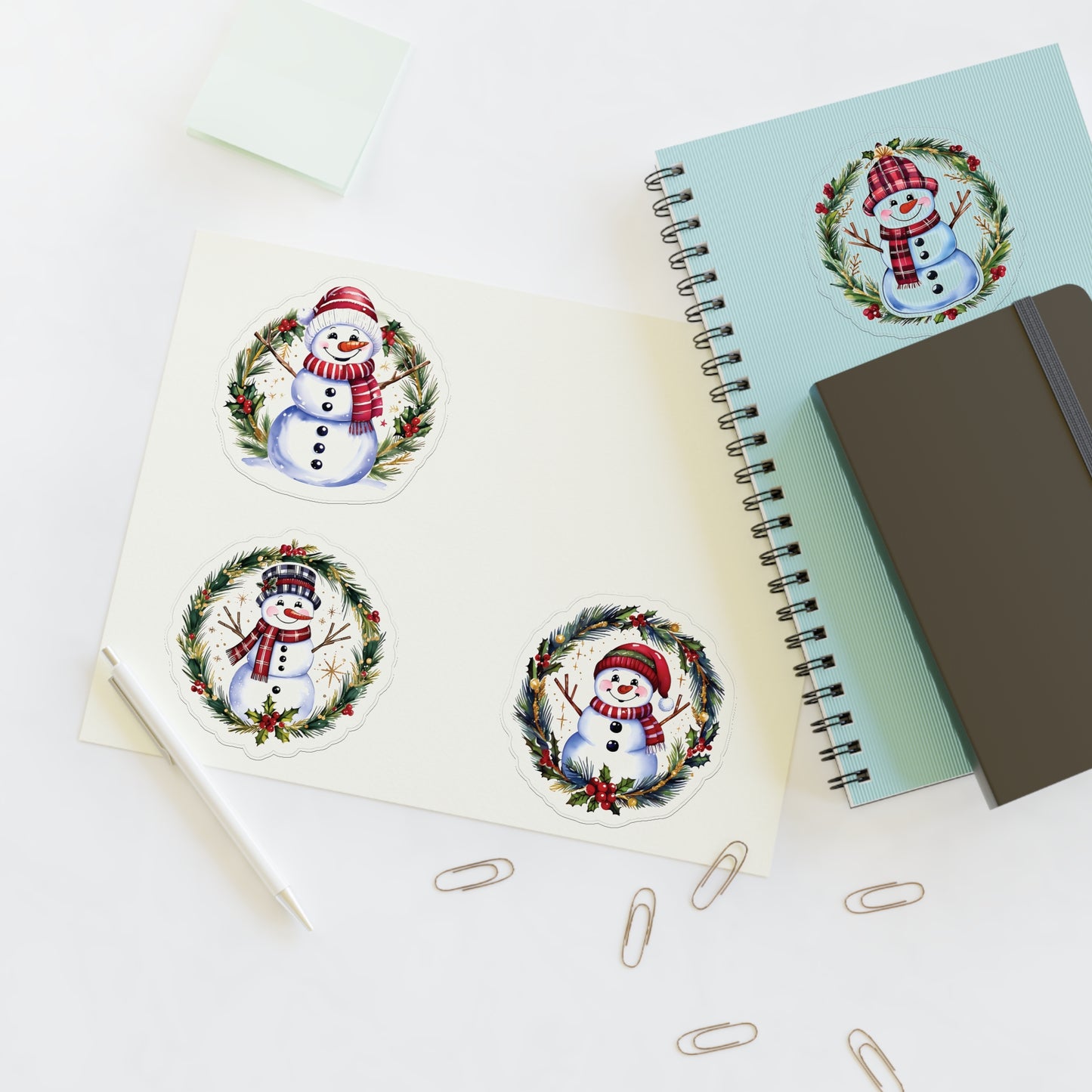 Four Snowman Sticker Set, Winter Holiday Decals, Christmas Snowmen Vinyl Stickers, Wreath Art For Laptop, Planner, Scrapbook, Mug,Journal