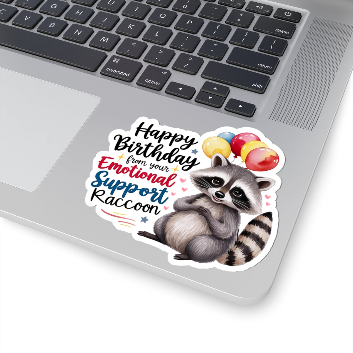 Raccoon Birthday Sticker, Emotional Support Animal Funny Gift Vinyl, Waterproof Decal Cute Animal Hug Balloons Encouragement Sticker