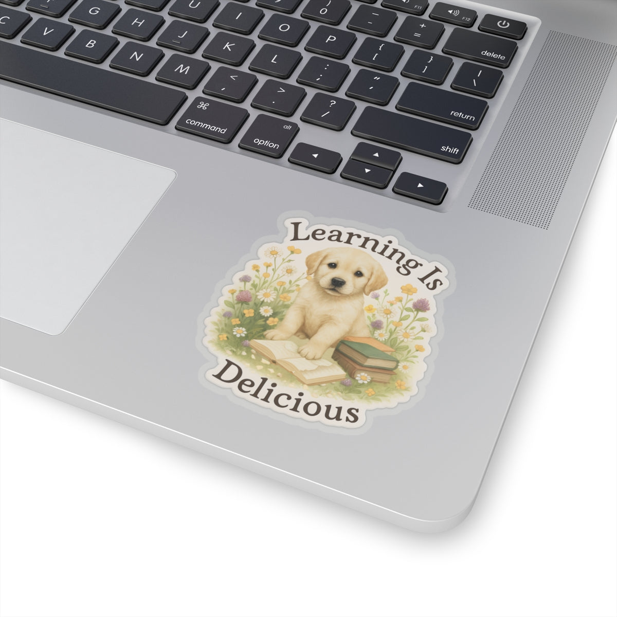 Learning Is Delicious Sticker, Yellow Labrador Puppy Reading Book Sticker, Wildflower Meadow Dog Vinyl Decal, Cute Bookish Gift For Dog Lovers