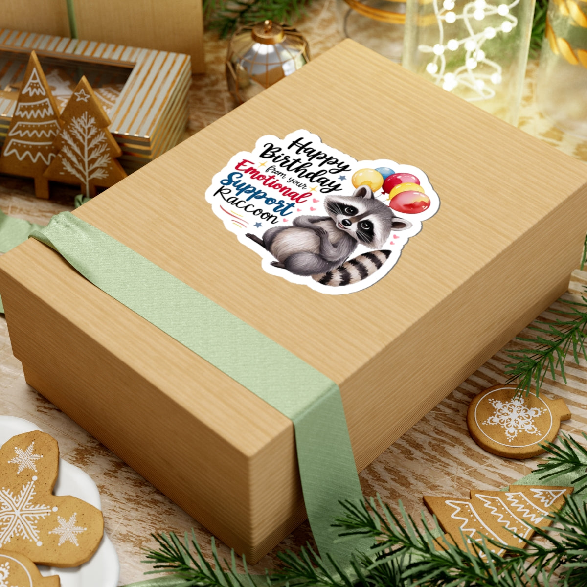 Raccoon Birthday Sticker, Emotional Support Animal Funny Gift Vinyl, Waterproof Decal Cute Animal Hug Balloons Encouragement Sticker