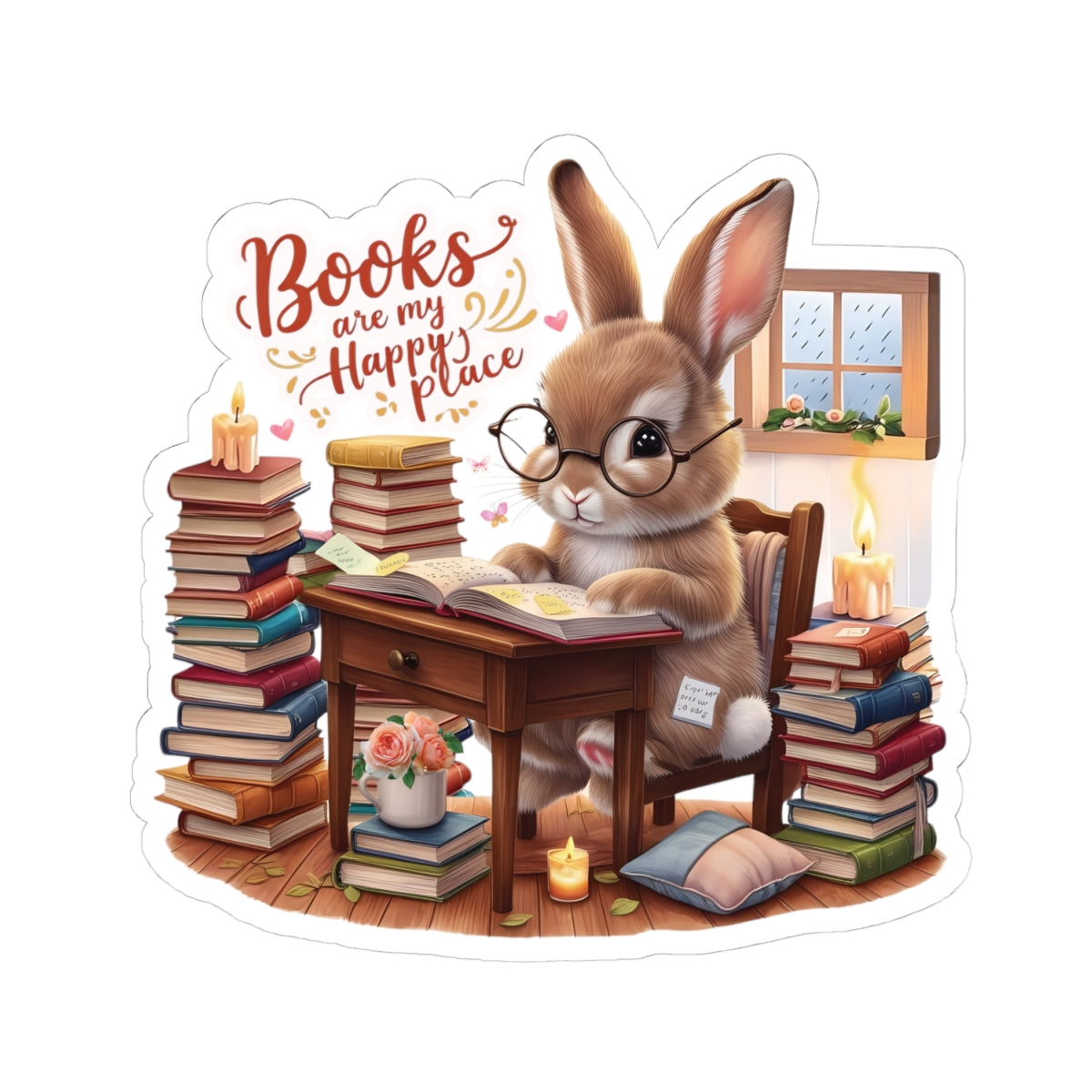 Books Are My Happy Place Sticker, Cute Bookish Bunny Reading Sticker, Cozy Reading Aesthetic Gift For Teachers, Readers Students And Planners