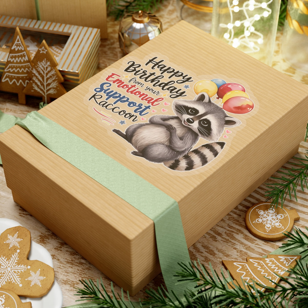 Raccoon Birthday Sticker, Emotional Support Animal Funny Gift Vinyl, Waterproof Decal Cute Animal Hug Balloons Encouragement Sticker