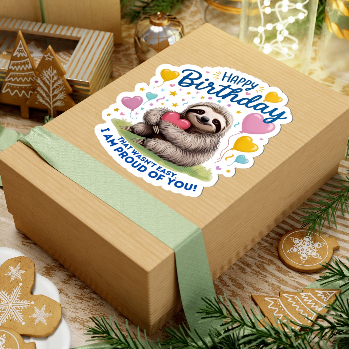 Sloth Birthday Sticker, I Am Proud of You Vinyl Decal, Hugging Heart Balloons Encouragement Cute Animal Gift Emotional Support Sticker Gift