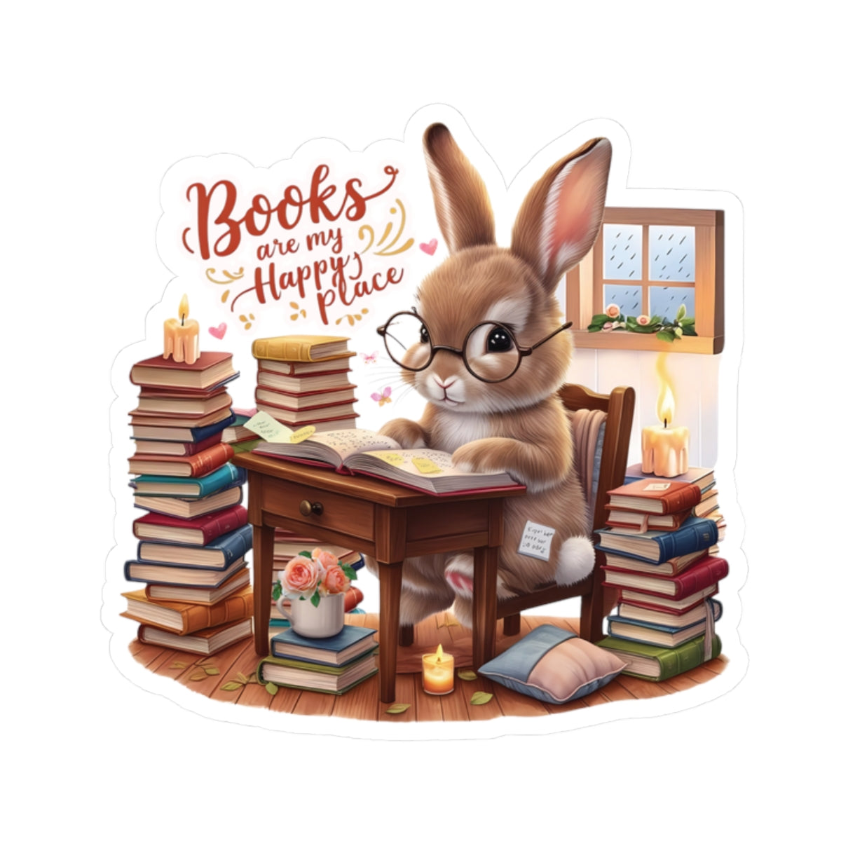 Books Are My Happy Place Sticker, Cute Bookish Bunny Reading Sticker, Cozy Reading Aesthetic Gift For Teachers, Readers Students And Planners