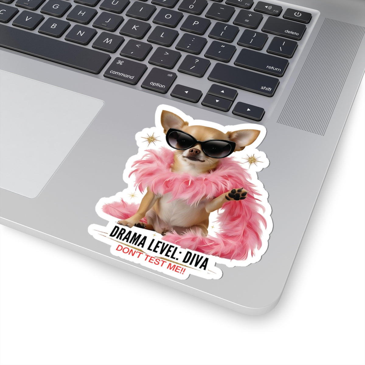 Drama Level: Diva Sticker, Funny Small Dog Attitude Vinyl Sticker, Pink Feather Boa Glam Pup, Gift For Pet Lovers Sassy Waterproof Decal