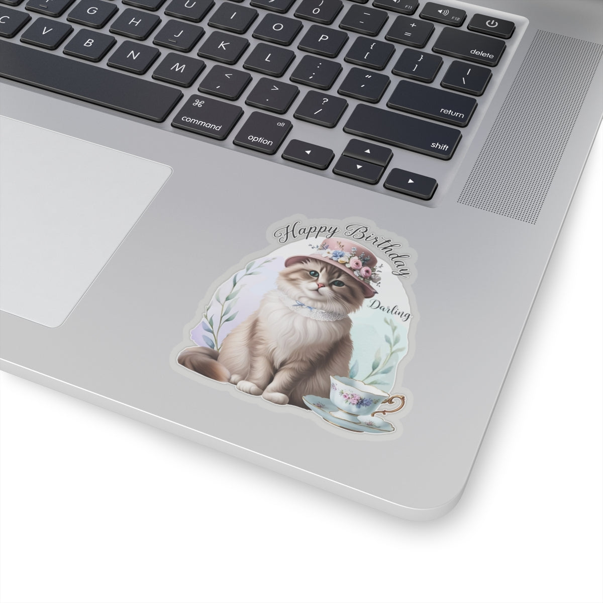 Happy Birthday Darling Sticker, Fluffy Cat In Floral Hat With Teacup Vintage Style Cute Vinyl Sticker, Gift For Cat Lovers Elegant Party Art