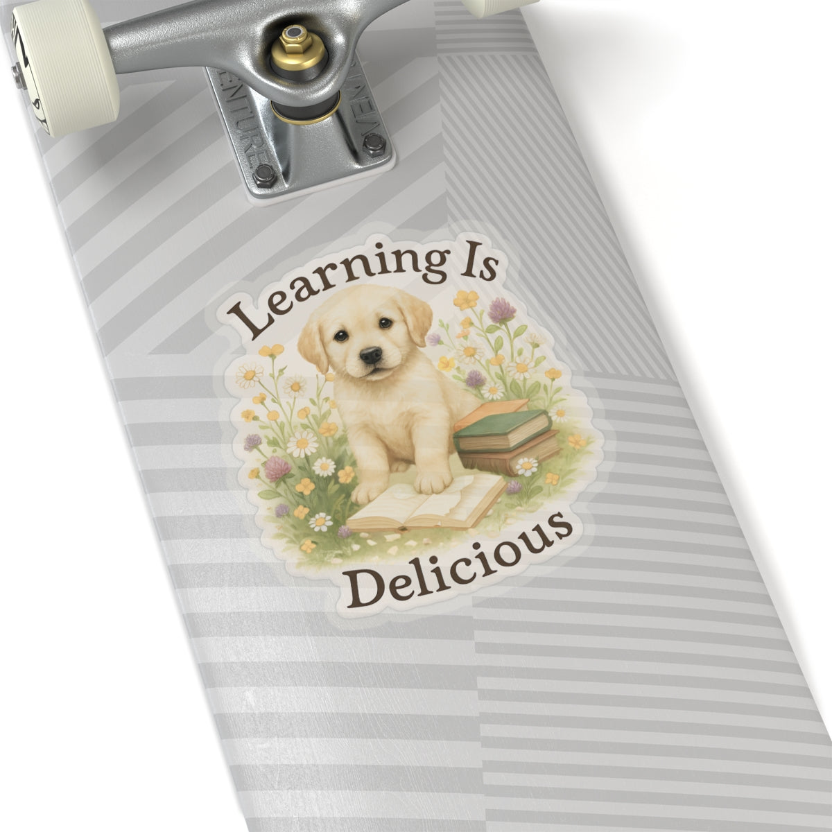 Learning Is Delicious Sticker, Yellow Labrador Puppy Reading Book Sticker, Wildflower Meadow Dog Vinyl Decal, Cute Bookish Gift For Dog Lovers