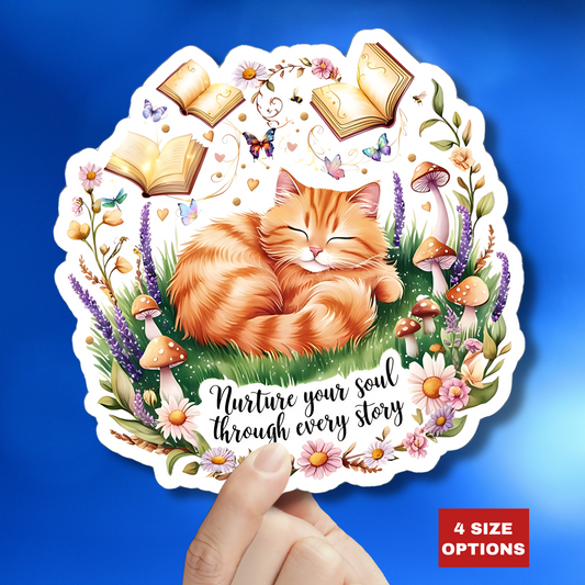 Nurture Your Soul Through Every Story Book Lover Cat Lover Plant Lover Sticker Nature Inspired Decal Laptop Planner Sticker