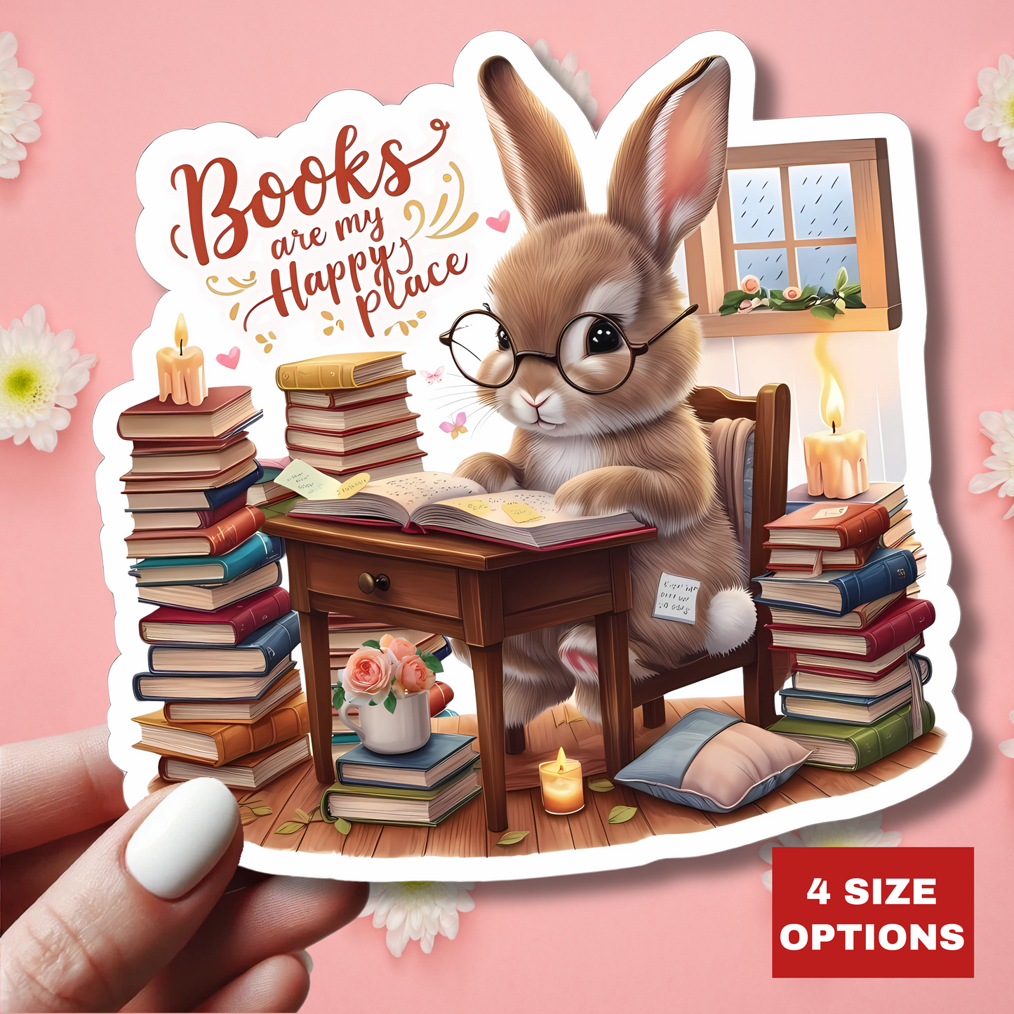 Books Are My Happy Place Sticker, Cute Bookish Bunny Reading Sticker, Cozy Reading Aesthetic Gift For Teachers, Readers Students And Planners