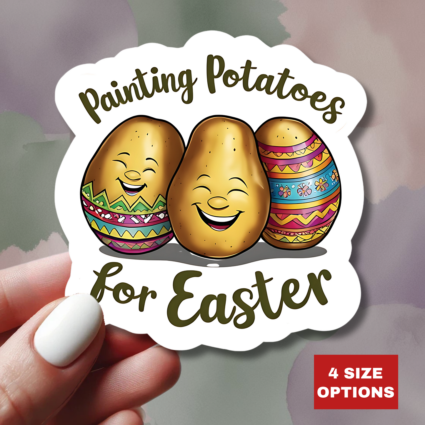 Painting Potatoes For Easter Sticker, Funny Easter Humor Vinyl Kiss Cut Decal, Cute Easter Basket Pun Art Sticker for Laptop Planner Mug Gift