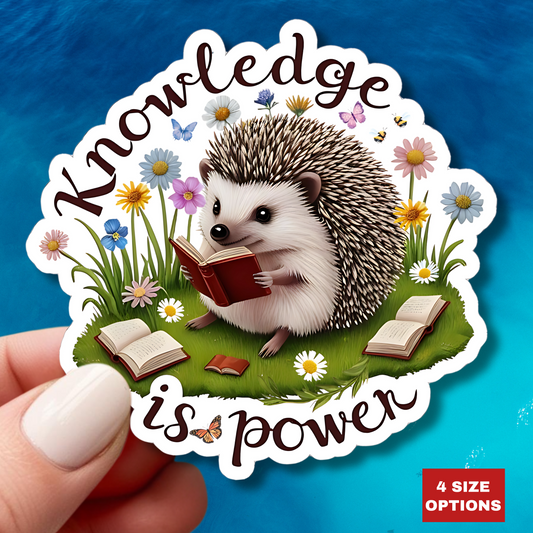 Knowledge Is Power Sticker, Teacher Appreciation Gift, Book Lover Decal, Hedgehog Decal, Nature Inspired Sticker, Laptop Planner School Reading