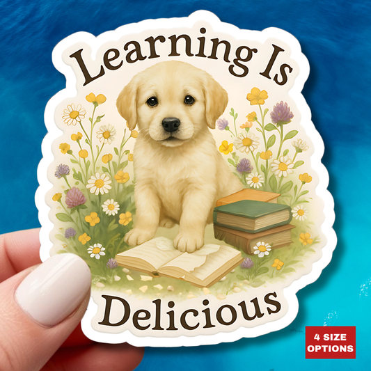 Learning Is Delicious Sticker, Yellow Labrador Puppy Reading Book Sticker, Wildflower Meadow Dog Vinyl Decal, Cute Bookish Gift For Dog Lovers