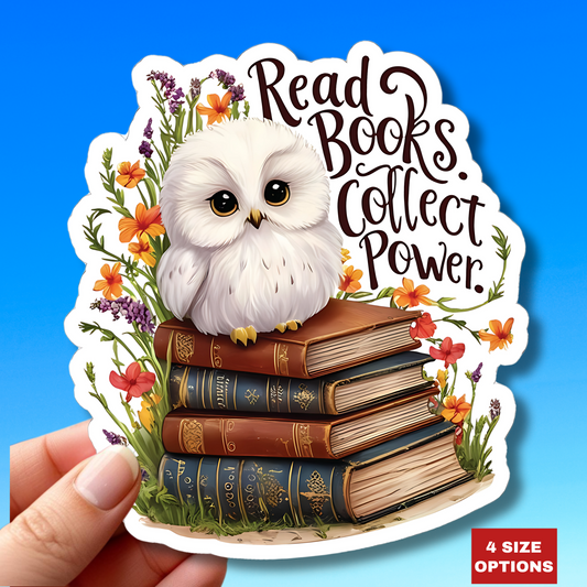 Read Books Collect Power Owl Sticker, Book Lover Gift, Cute Reading Owl, Bookworm Teacher's Day Sticker, School Sticker Student Bookish Gift