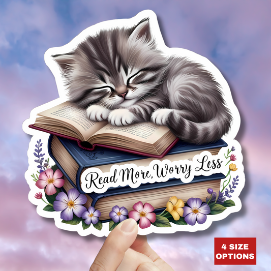 Read More Worry Less Sticker, Cute Kitten Book Lover Vinyl Sticker, Waterproof Cat Lover Sticker, Laptop Decal Planner Journal Sticker