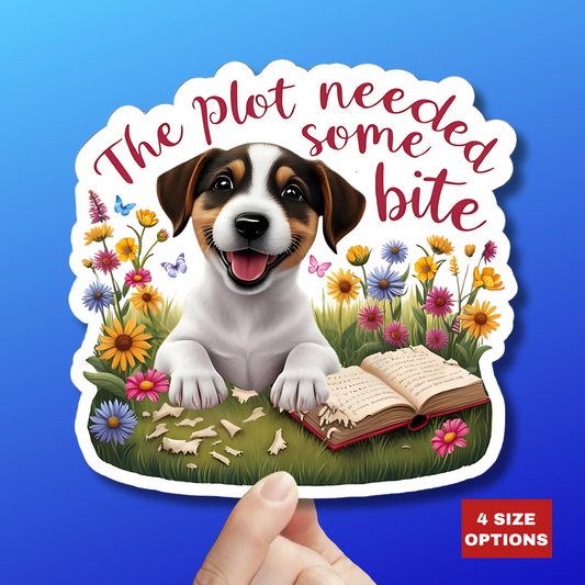 The Plot Needed Some Bite Sticker, Funny Jack Russell Book Lover Gift, Cute Puppy Reading Decal, Whimsical Animal Themed Kiss Cut Sticker