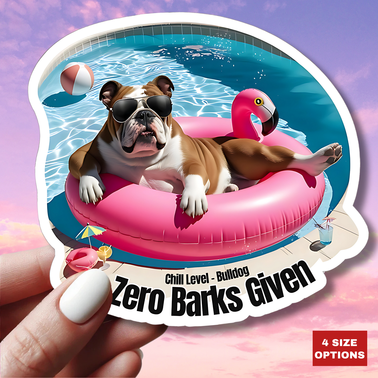 Zero Barks Given Sticker, Funny Bulldog Summer Vinyl Sticker, Chill Level Bulldog Dog Lover Gift, Pool Float Humor Waterproof Laptop Decal Gift