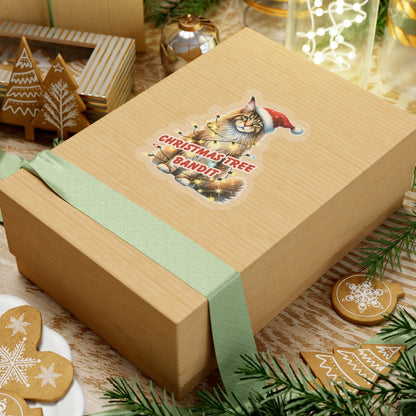 Christmas Tree Bandit Sticker, Maine Coon Cat Kiss Cut Sticker, Funny Xmas Cat Gift, Holiday Vinyl Sticker, Festive Laptop Journal Planner Art