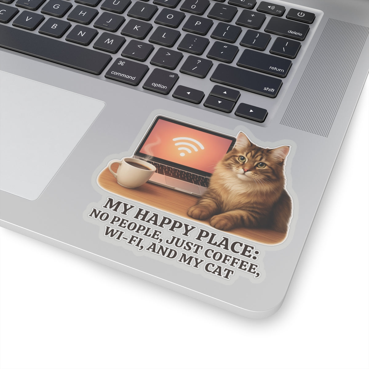 My Happy Place Sticker, Maine Coon Cat WiFi Coffee Introvert Vinyl Sticker, Realistic Cat Lover Gift, Cozy Office Decor Waterproof Laptop Decal