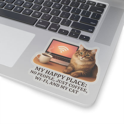 My Happy Place Sticker, Maine Coon Cat WiFi Coffee Introvert Vinyl Sticker, Realistic Cat Lover Gift, Cozy Office Decor Waterproof Laptop Decal