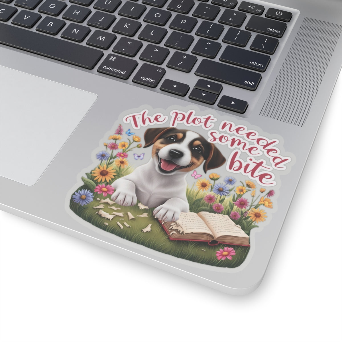 The Plot Needed Some Bite Sticker, Funny Jack Russell Book Lover Gift, Cute Puppy Reading Decal, Whimsical Animal Themed Kiss Cut Sticker