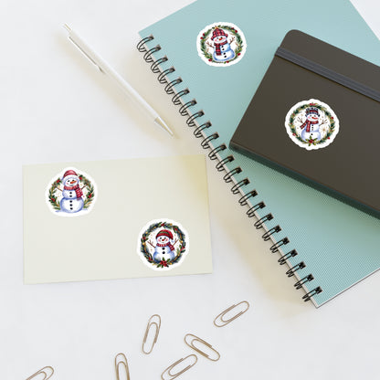 Four Snowman Sticker Set, Winter Holiday Decals, Christmas Snowmen Vinyl Stickers, Wreath Art For Laptop, Planner, Scrapbook, Mug,Journal