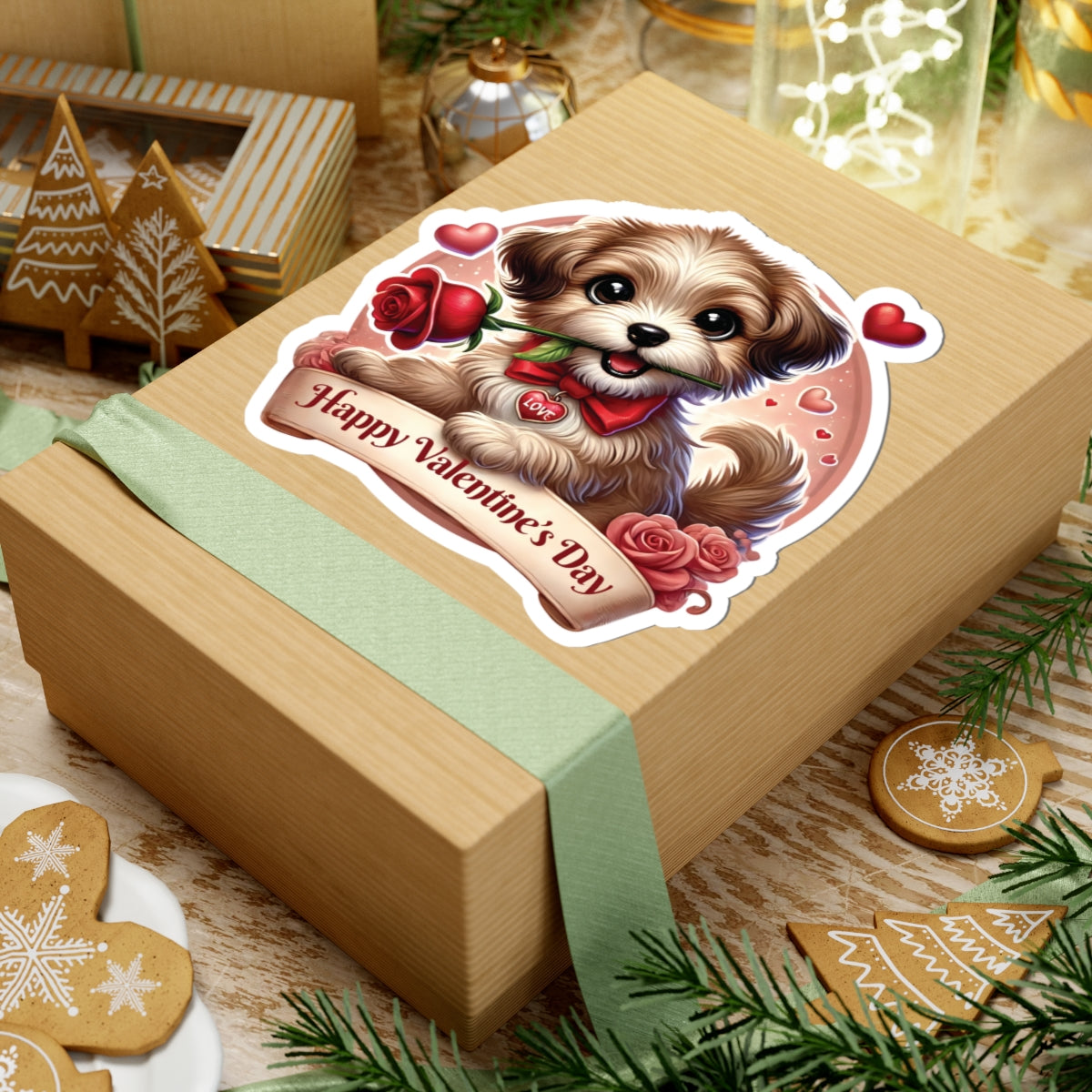 Valentines Day Puppy Sticker, Cute Dog With Rose, Gift For Her, Romantic Vinyl Decal Heart Bow Kiss Cut Waterproof Laptop Water Bottle Journal