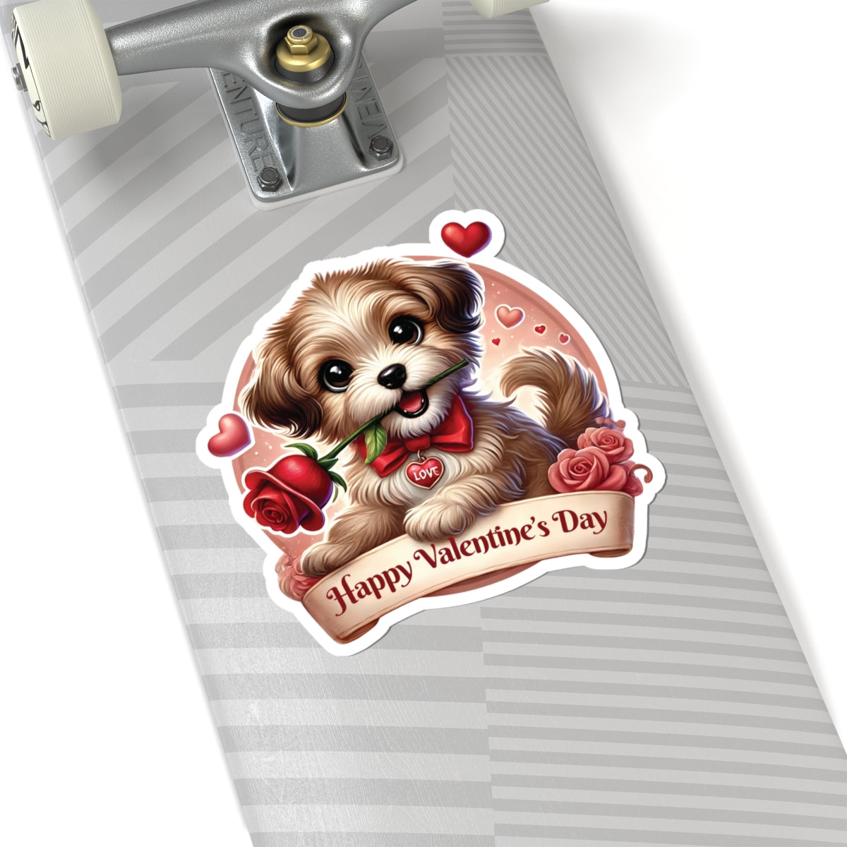 Valentines Day Puppy Sticker, Cute Dog With Rose, Gift For Her, Romantic Vinyl Decal Heart Bow Kiss Cut Waterproof Laptop Water Bottle Journal
