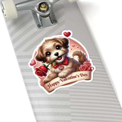 Valentines Day Puppy Sticker, Cute Dog With Rose, Gift For Her, Romantic Vinyl Decal Heart Bow Kiss Cut Waterproof Laptop Water Bottle Journal