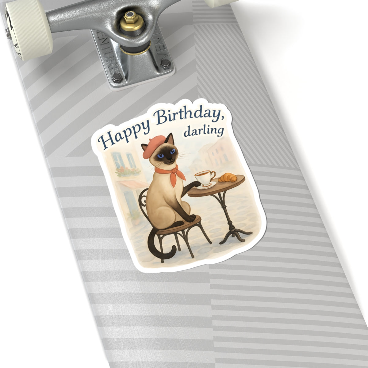 Happy Birthday Sticker, Cute Siamese Cat French Cafe Drinking Coffee, Watercolor Birthday Card Alternative, Cat Birthday Sticker, Cat Lover Gift