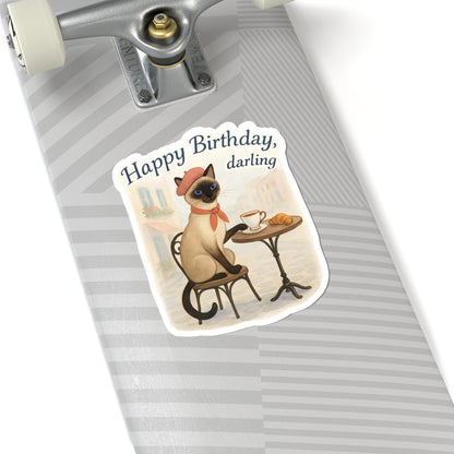 Happy Birthday Sticker, Cute Siamese Cat French Cafe Drinking Coffee, Watercolor Birthday Card Alternative, Cat Birthday Sticker, Cat Lover Gift