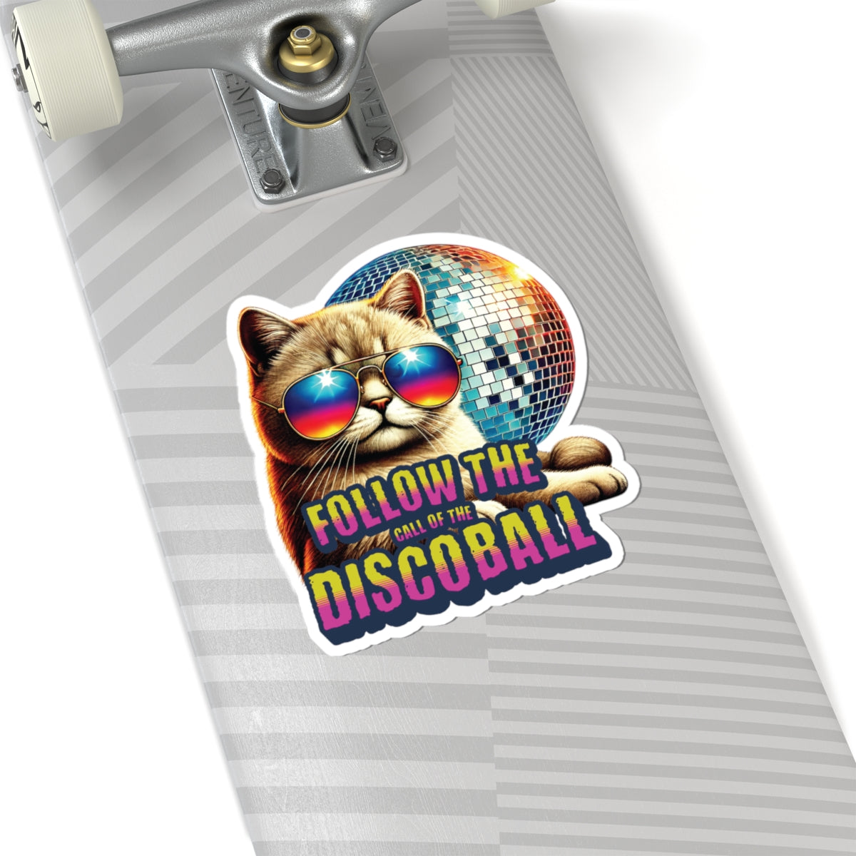 Follow The Call Of The Disco Ball Cat Sticker, Retro 70s Vinyl Waterproof Durable Laptop, Water Bottle Sticker