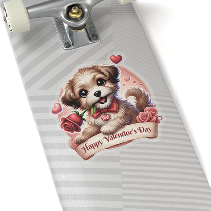 Valentines Day Puppy Sticker, Cute Dog With Rose, Gift For Her, Romantic Vinyl Decal Heart Bow Kiss Cut Waterproof Laptop Water Bottle Journal