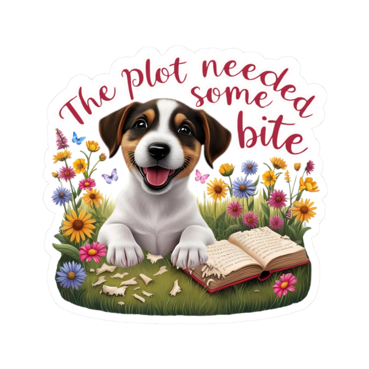 The Plot Needed Some Bite Sticker, Funny Jack Russell Book Lover Gift, Cute Puppy Reading Decal, Whimsical Animal Themed Kiss Cut Sticker