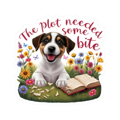 The Plot Needed Some Bite Sticker, Funny Jack Russell Book Lover Gift, Cute Puppy Reading Decal, Whimsical Animal Themed Kiss Cut Sticker