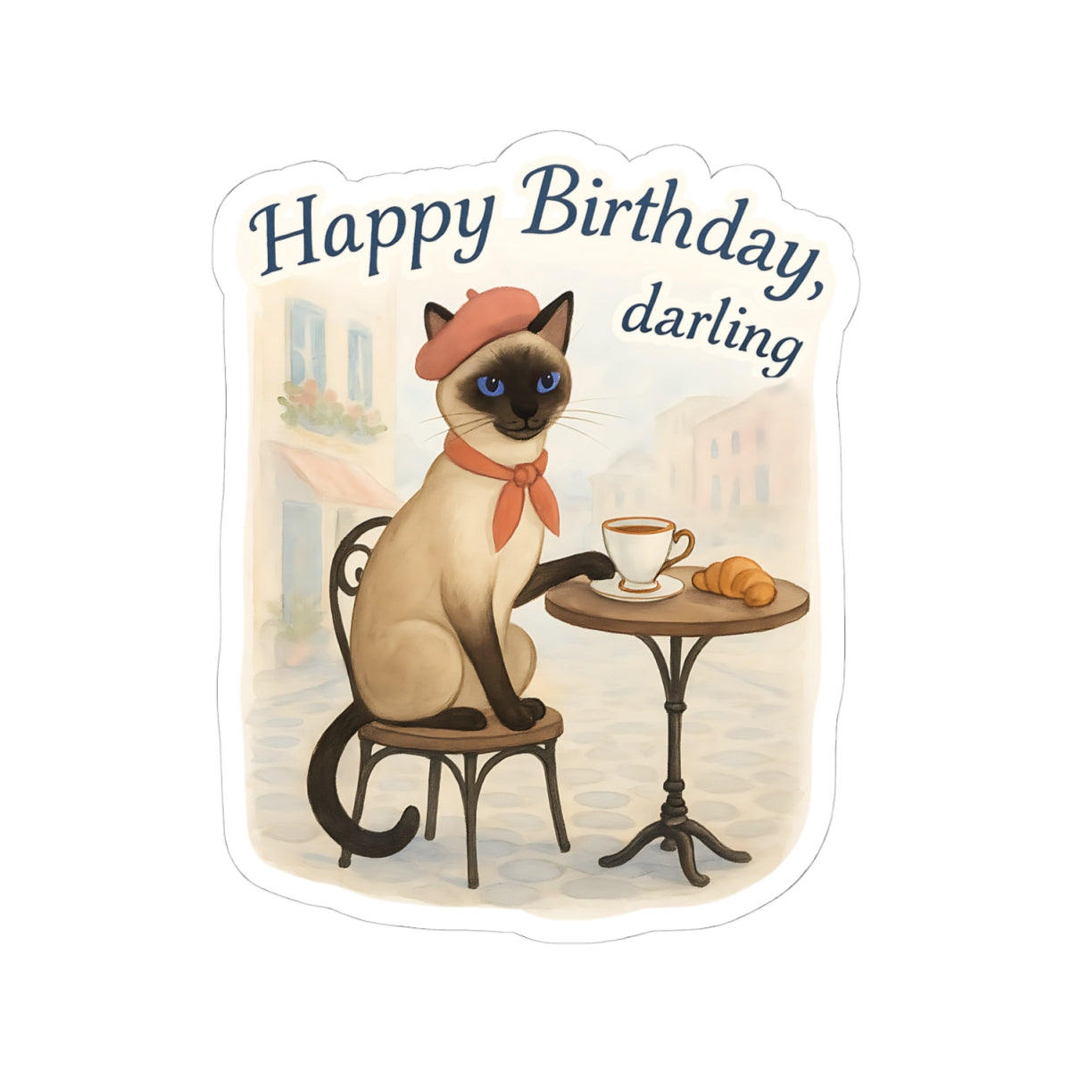 Happy Birthday Sticker, Cute Siamese Cat French Cafe Drinking Coffee, Watercolor Birthday Card Alternative, Cat Birthday Sticker, Cat Lover Gift