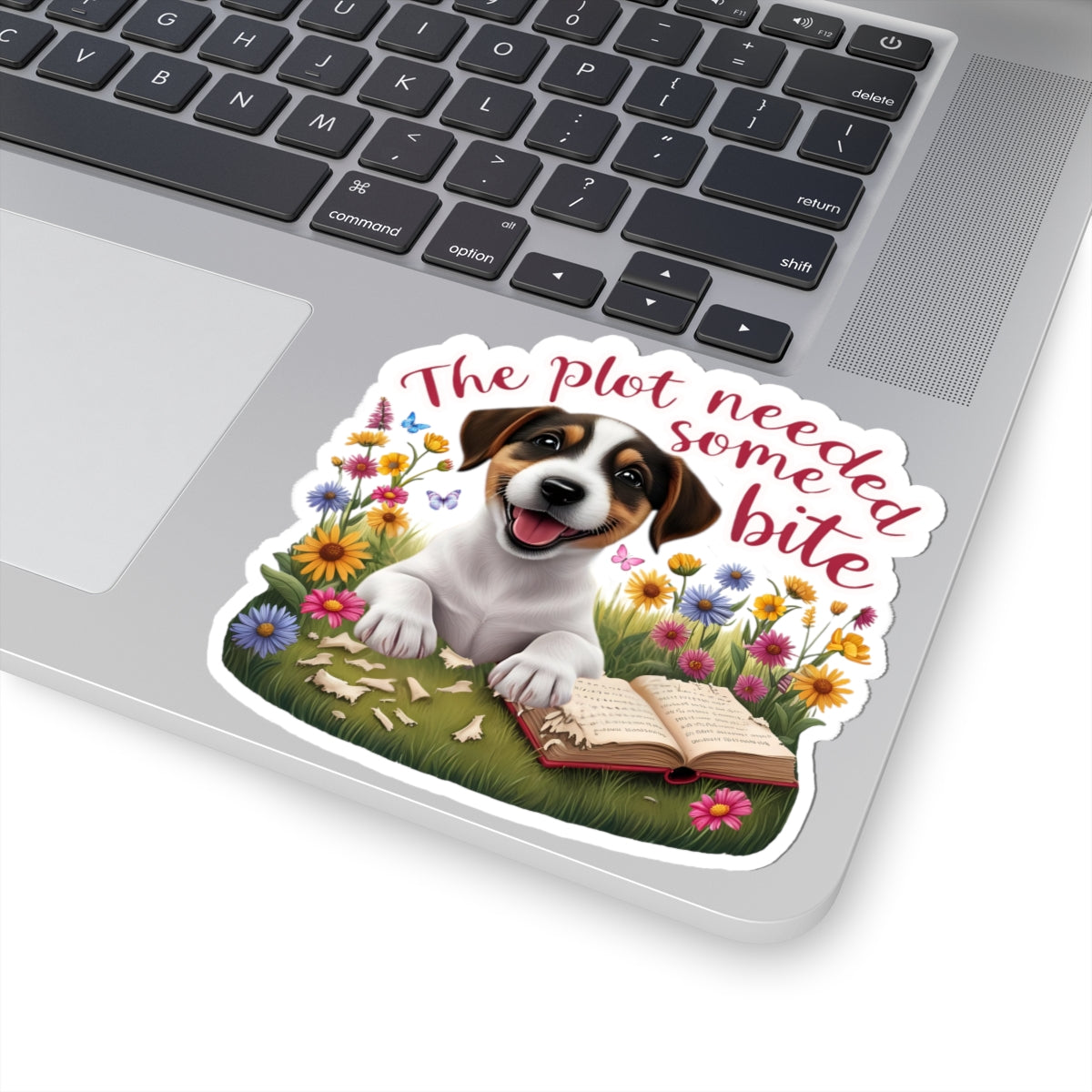 The Plot Needed Some Bite Sticker, Funny Jack Russell Book Lover Gift, Cute Puppy Reading Decal, Whimsical Animal Themed Kiss Cut Sticker