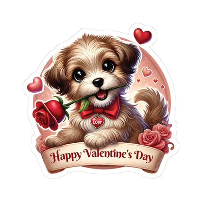 Valentines Day Puppy Sticker, Cute Dog With Rose, Gift For Her, Romantic Vinyl Decal Heart Bow Kiss Cut Waterproof Laptop Water Bottle Journal