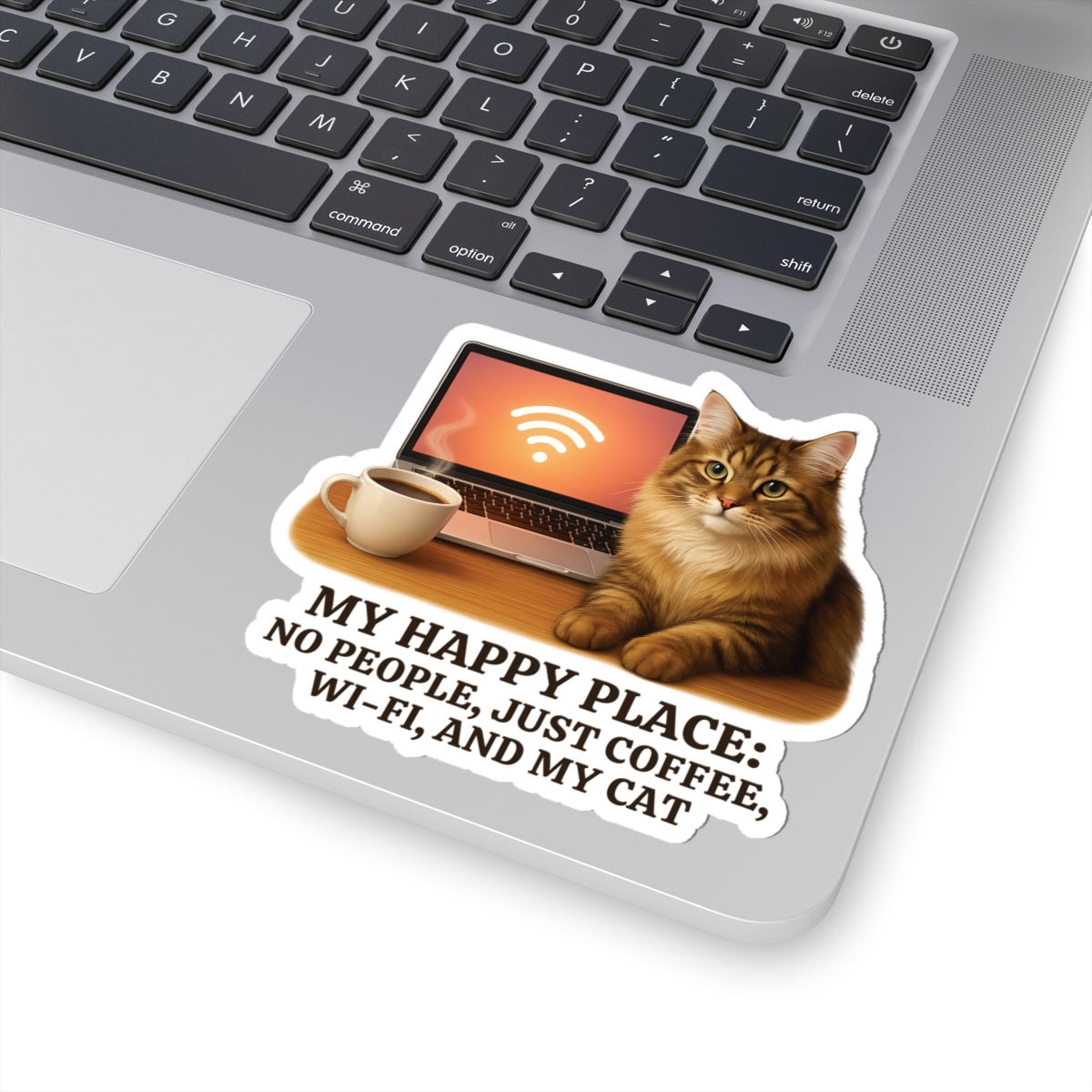 My Happy Place Sticker, Maine Coon Cat WiFi Coffee Introvert Vinyl Sticker, Realistic Cat Lover Gift, Cozy Office Decor Waterproof Laptop Decal