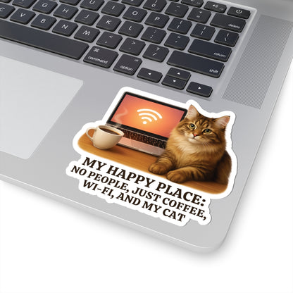 My Happy Place Sticker, Maine Coon Cat WiFi Coffee Introvert Vinyl Sticker, Realistic Cat Lover Gift, Cozy Office Decor Waterproof Laptop Decal