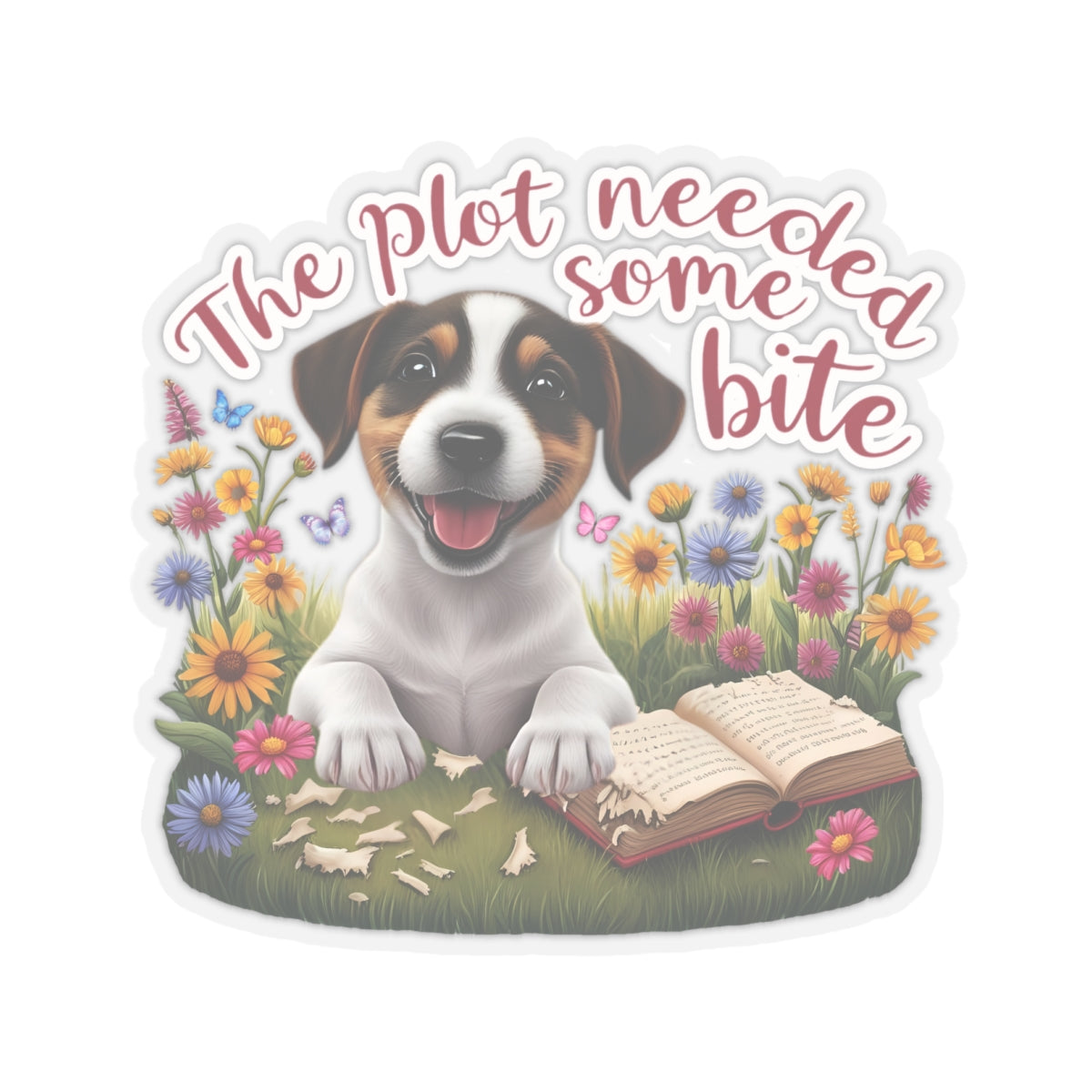 The Plot Needed Some Bite Sticker, Funny Jack Russell Book Lover Gift, Cute Puppy Reading Decal, Whimsical Animal Themed Kiss Cut Sticker