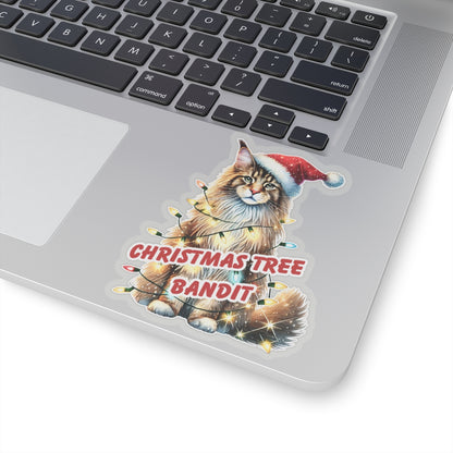 Christmas Tree Bandit Sticker, Maine Coon Cat Kiss Cut Sticker, Funny Xmas Cat Gift, Holiday Vinyl Sticker, Festive Laptop Journal Planner Art