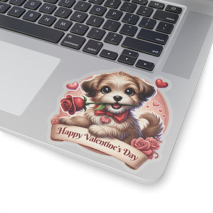 Valentines Day Puppy Sticker, Cute Dog With Rose, Gift For Her, Romantic Vinyl Decal Heart Bow Kiss Cut Waterproof Laptop Water Bottle Journal