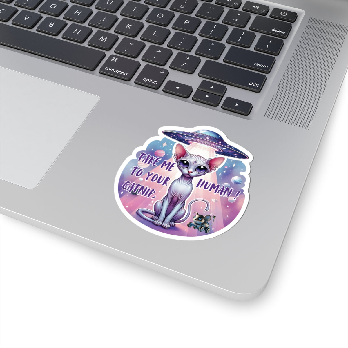 Take Me To Your Catnip Human, Cat Alien Kiss Cut Sticker for Laptops, Water Bottles & More