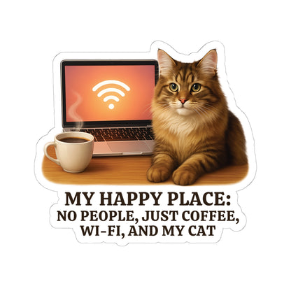 My Happy Place Sticker, Maine Coon Cat WiFi Coffee Introvert Vinyl Sticker, Realistic Cat Lover Gift, Cozy Office Decor Waterproof Laptop Decal