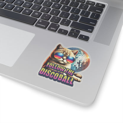 Follow The Call Of The Disco Ball Cat Sticker, Retro 70s Vinyl Waterproof Durable Laptop, Water Bottle Sticker