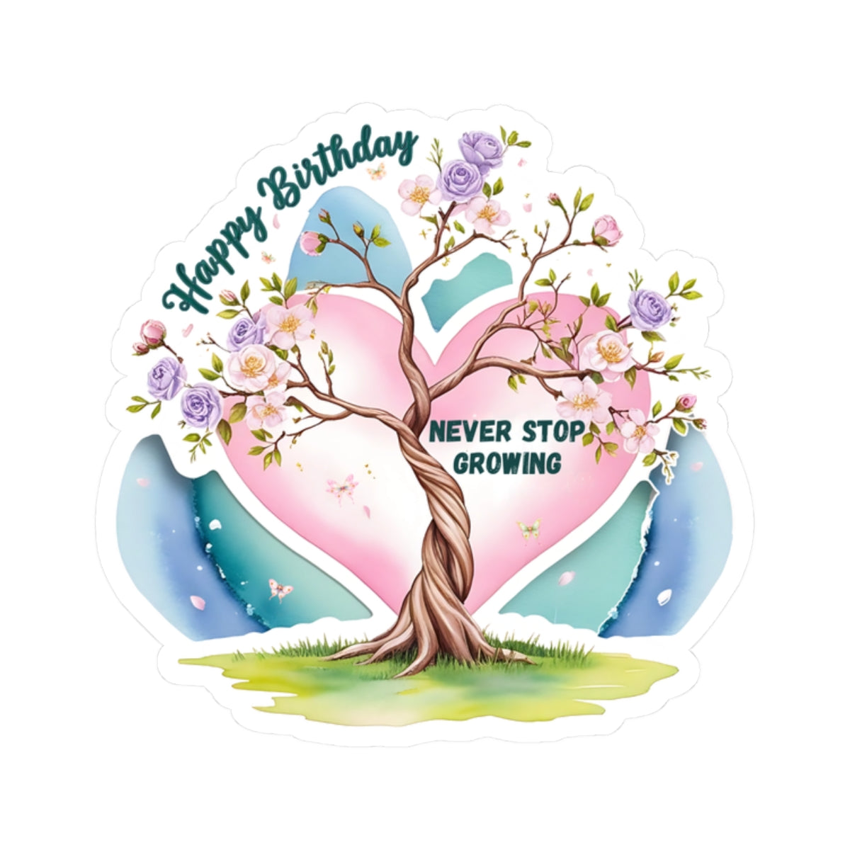 Happy Birthday Sticker, Never Stop Growing Floral Watercolor Wreath Vinyl Sticker, Encouragement Gift Uplifting Birthday Quote Art Gift