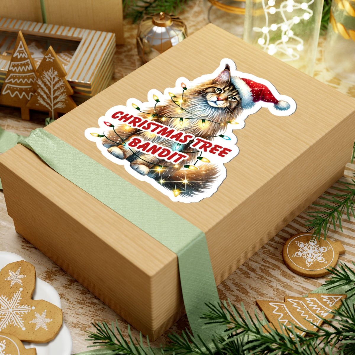 Christmas Tree Bandit Sticker, Maine Coon Cat Kiss Cut Sticker, Funny Xmas Cat Gift, Holiday Vinyl Sticker, Festive Laptop Journal Planner Art