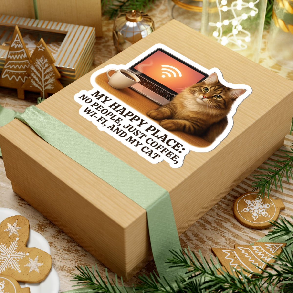 My Happy Place Sticker, Maine Coon Cat WiFi Coffee Introvert Vinyl Sticker, Realistic Cat Lover Gift, Cozy Office Decor Waterproof Laptop Decal